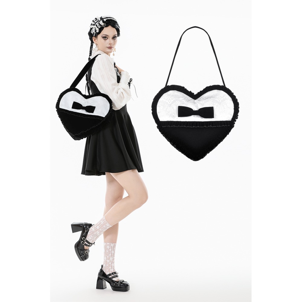 Dark in Love - Lolita Black & White Bow Heart Handbag - Black/White